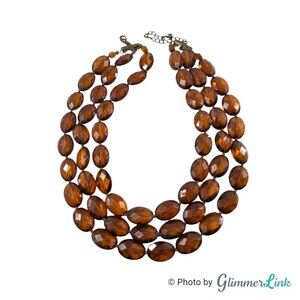 Triple Strand Amber Brown Faceted Acrylic Bead Statement Necklace 16–18.5”